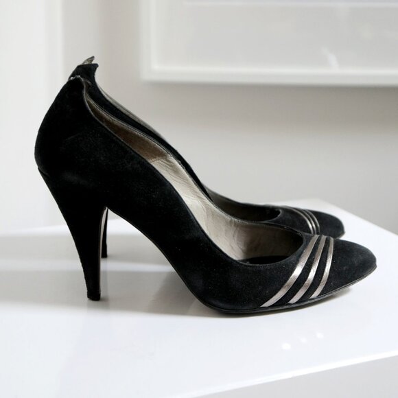 Vintage Gino Ferra Art Deco Black Suede Pumps - Women's Size 5 - Picture 3 of 8
